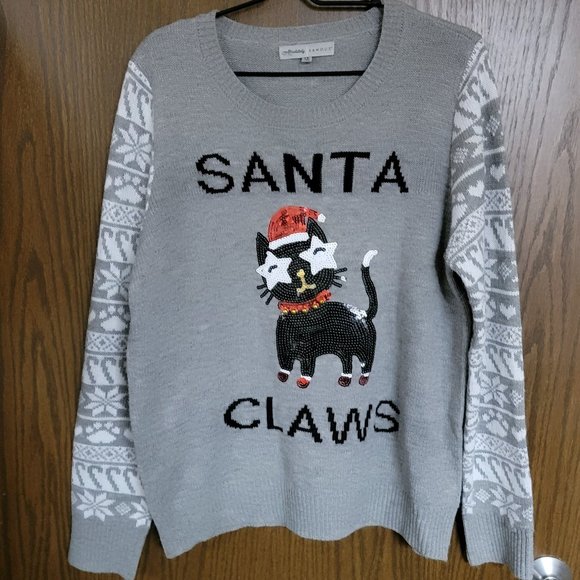 Almost Famous Santa Claws Tuxedo Cat Christmas Sweater 1X Grey Sweater - Picture 1 of 15